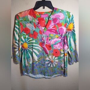 Chico's Multicolor Floral Henley Top - Green/Pink